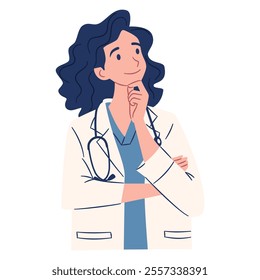 Female doctor with glasses in pensive pose, thinking, problem solving. Flat vector illustration, simple style, white background 