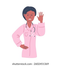 Female doctor got angry. Angry doctor forbids something. Pharmacist or Doctor makes forbidding hand gesture. Doctor character wearing special pink medical clothes. Flat cartoon vector illustration