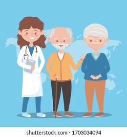 female doctor and grandfathers world, doctors and elderly people vector illustration