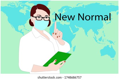 A female doctor with green mask action point finger over words new normal standing over global map graphic symbol, creative concept of the new normal life style after the outbreak of the coronavirus.