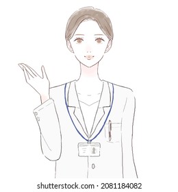 Female doctor guiding. On white background.