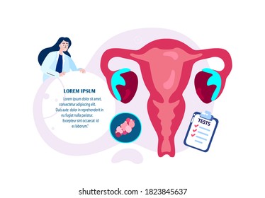 Female Doctor Gynecologist Examine,Diagnose Prevention Inflamed Womb,Uterus,Ovaries.Fallopian Tube. Hospital Treatment.Polycystic Ovary. Female Clinical Investigation. Medical Flat Vector Illustration