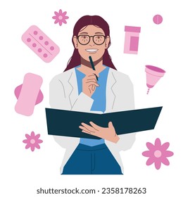 female doctor gynecologist woman cycle menstruation in flat illustration