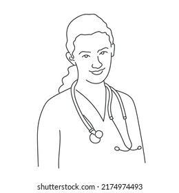 Female doctor. Hand drawn vector illustration. Black and white.