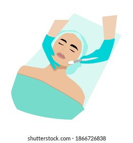 Female doctor hands in medical gloves nourishes the skin of the patient. Beauty treatments, correction of eyebrows and eyelash extensions, skin care facial, peeling in the cabin under the supervision 