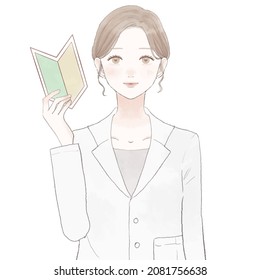 Female doctor having beginner mark. On white background.