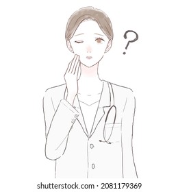 Female doctor having doubts. On white background.