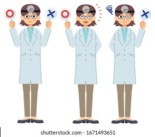 Female doctor with head mirror answering yes, no to question.