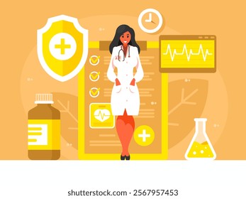 Female doctor with health insurance policy. Medical specialist. Health insurance policy. Health insurance form, and medicine. Healthcare concept. Vector graphics