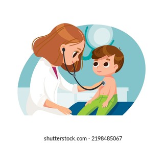 Female doctor, health professional, physician in white scrubs examine a child with a stethoscope, listen to his heartbeat Pediatrician examining patient child boy. Kids visit a doctor for a checkup.