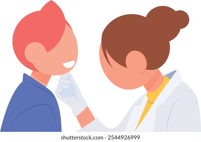 Médica mulher, profissional de saúde, médica em esfoliantes brancos, examinando paciente menino criança. Crianças visitam um médico para fazer um checkup. Ilustração de Design Moderno, ilustração de tendências.
