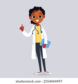 Female doctor, health professional, physician in white scrubs, medical coat with stethoscope over neck, standing. Vector illustration. Flat design.