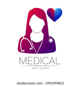 Female doctor with heart vector logotype. Medicine identity and concept. Logo for clinic, medical, pharmacy, online chat, business, health care. Silhouette in violet gradient color isolated on white.