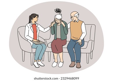 Female doctor helping elderly woman suffering from memory loss. Therapist talk with mature grandmother struggling with Alzheimer disease or dementia. Vector illustration.