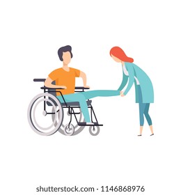 Female doctor helping woman sitting on wheelchair, medical rehabilitation, physical therapy activity cartoon vector illustration