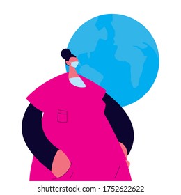 Female Doctor helping the world with mask and medical uniform vector illustration design