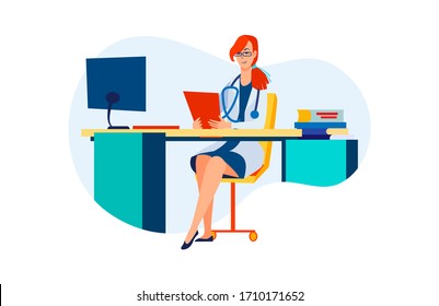 Female doctor at her workplace. Woman in white coat at computer, practitioner flat vector illustration. Medical occupation, hospital concept for banner, website design or landing web page