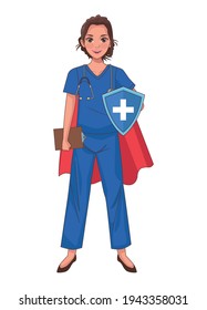 female doctor hero with shield