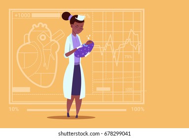 Female Doctor Hold Newborn Baby Boy Medical Maternity Clinics African American Worker Hospital Flat Vector Illustration