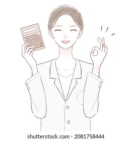 Female doctor holding calculator and holding OK sign. On white background.
