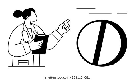 Female doctor holding a clipboard pointing at a large pill graphic. Ideal for healthcare, medical education, pharmaceuticals, patient care, wellness programs. Monochrome vector style