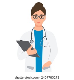 Female doctor holding clipboard, wearing uniform and stethoscope. Healthcare and medicine concept. Vector illustration