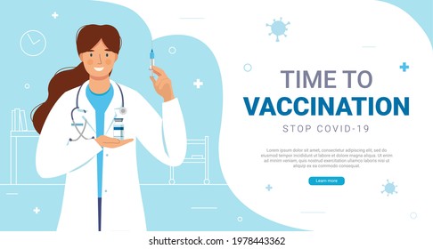 Female doctor holding covid-19 vaccination syringe.Stop pandemic coronavirus background.Time to vaccinate vector banner.Shot of  vaccine.Antiviral medical treatment concept.Immunization campaign