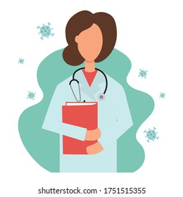 Female doctor holding a folder with stethoscope pointing up. Professional medicine worker. Flat illustration