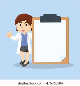 female doctor holding giant clipboard