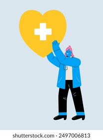 Female doctor holding heart in hands. Colored flat vector illustration
