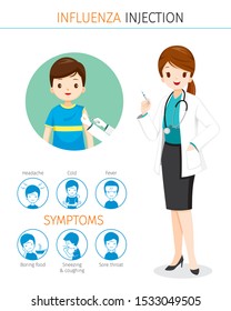 Female Doctor Holding Hypodermic Syringe, Injecting Flu Vaccine, Flu Symptoms Icons Set, Influenza, Injection, Vaccination, Immunity, Protection, Prevention, Healthy