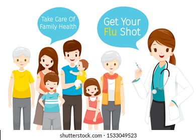 Female Doctor Holding Hypodermic Syringe, Get Your Flu Shot In Speech Bubble, Take Care Of Family Health By Injecting Flu Vaccine