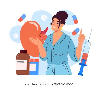 Female doctor holding kidney with pills, syringe, and medicine bottles around her on white background. Concept of kidney health and treatment. Vector illustration