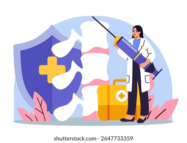 Female doctor holding large syringe near spine and medical shield, flat style on white background. Concept of spine treatment and healthcare. Vector illustration