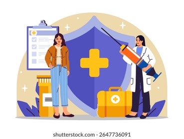 Médica segurando seringa grande ao lado da paciente mulher, escudo médico, lista de verificação, mala e frasco de medicamento no fundo da luz. Conceito de assistência médica. Ilustração vetorial