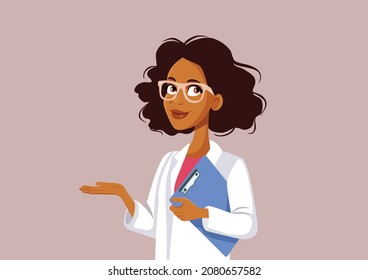 
Female Doctor Holding Medical File of a patient Vector Illustration. Medical practitioner holding a record file making a presentation gesture 
