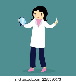 Female doctor holding a mirror and a syringe. Vector illustration.