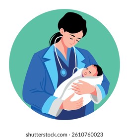 A female doctor holding a newborn baby, flat illustration