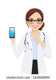 Female doctor holding phone witn blank screen isolated vector illustartion