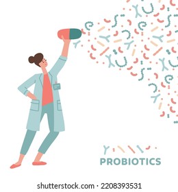 Female doctor holding probiotics capsule. Concept probiotic, dysbacteriosis, intestinal microflora, microbiome, microbiota, problems with digestion and immunity. Hand drawn flat vector illustration