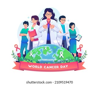 Female Doctor Holding Red Ribbon Cancer Awareness Symbol. Doctors, Nurses, And Medical Personnel Celebrate World Cancer Day. Flat Style Vector Illustration