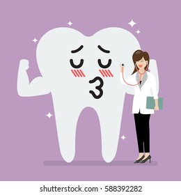Female doctor holding stethoscope for checking up gallant tooth. Vector illustration