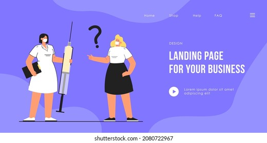 Female doctor holding syringe with covid vaccine. Patient interesting vax quality flat vector illustration. Coronavirus, vaccination, pandemic concept for banner, website design or landing web page.