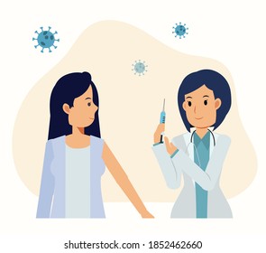 Female doctor is holding syringe of vaccine. The woman is ready to get vaccine. Coronavirus vaccine. Covid-19 concept. Vector flat cartoon character illustration.