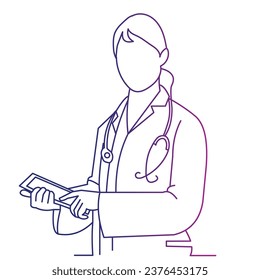 Female Doctor Holding Tablet vector line art illustration