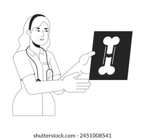 Female doctor holding x ray image black and white 2D line cartoon character. Traumatologist examining broken bone isolated vector outline person. Traumatology monochromatic flat spot illustration