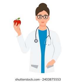 Female doctor holds an apple.Proper nutrition, vitamins, healthy diet, recommendation for perfect teeth. Vector illustration