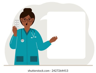 A female doctor holds pills in his hand. There is space for text next to it.