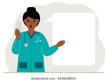 A female doctor holds pills in his hand. There is space for text next to it.