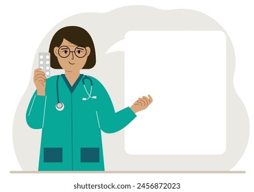 A female doctor holds pills in his hand. There is space for text next to it. Vector flat illustration.